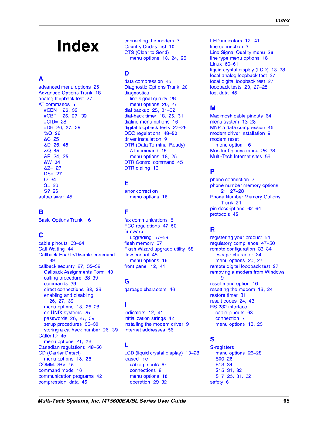 Multi-Tech Systems MT5600BAV.92, MT5600BLV.90, MT5600BAV.90 manual Index 