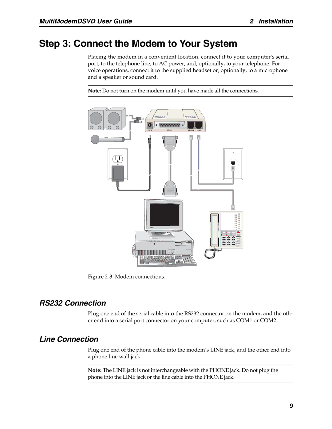 Multi-Tech Systems MT5600DSVD manual Connect the Modem to Your System, RS232 Connection, Line Connection 