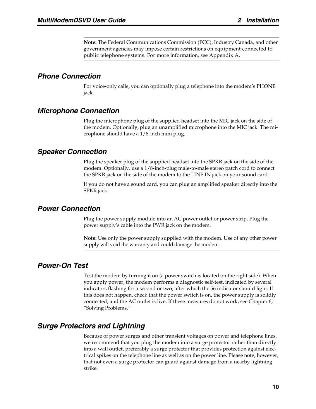 Multi-Tech Systems MT5600DSVD Phone Connection, Microphone Connection, Speaker Connection, Power Connection, Power-On Test 