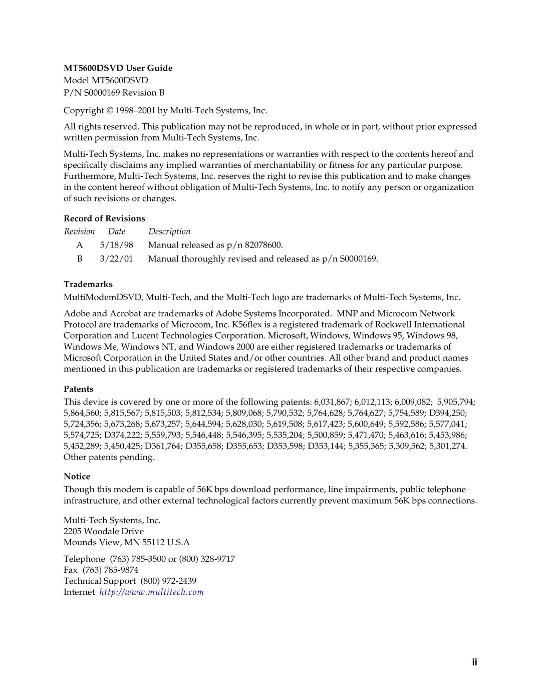 Multi-Tech Systems MT5600DSVD manual Record of Revisions 