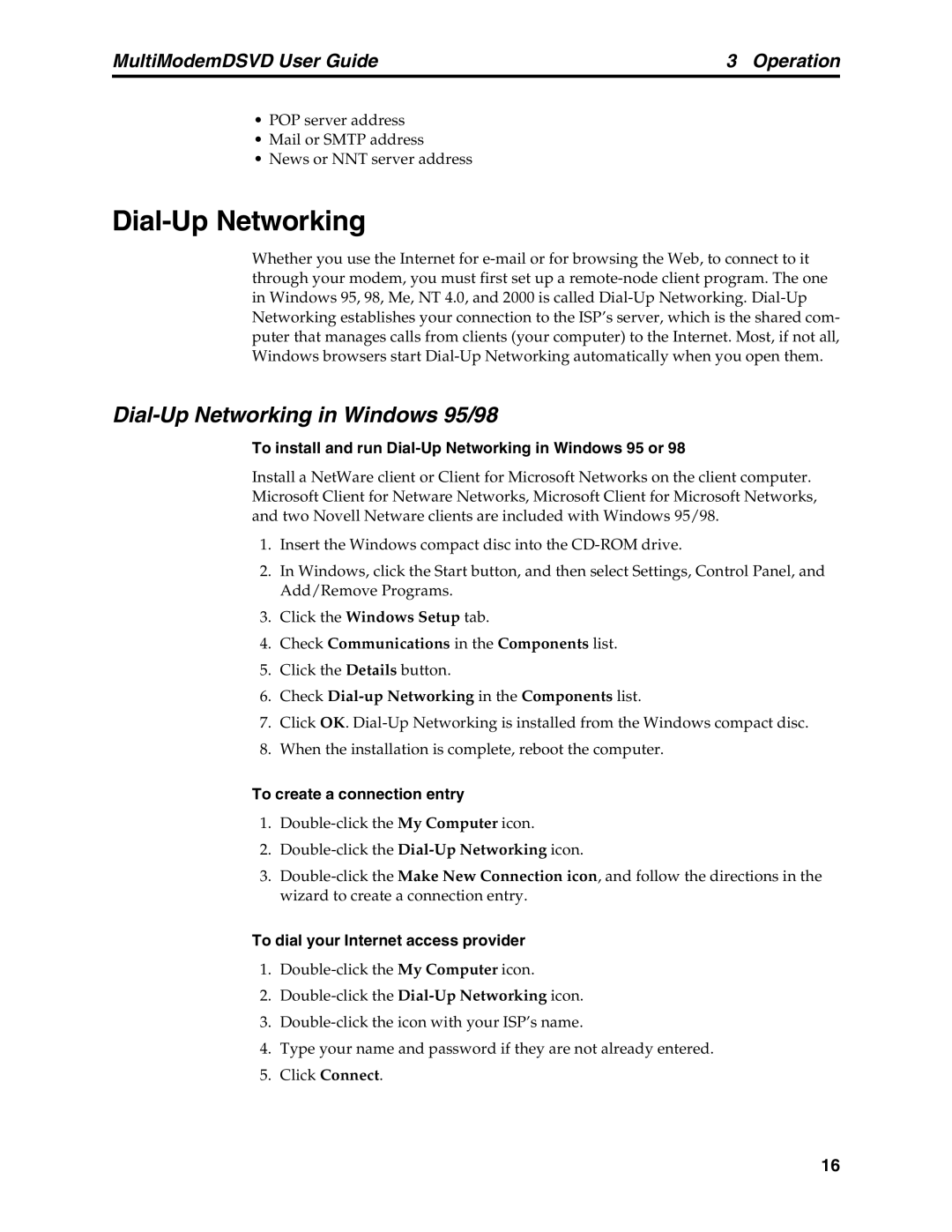 Multi-Tech Systems MT5600DSVD manual Dial-Up Networking in Windows 95/98, To create a connection entry 