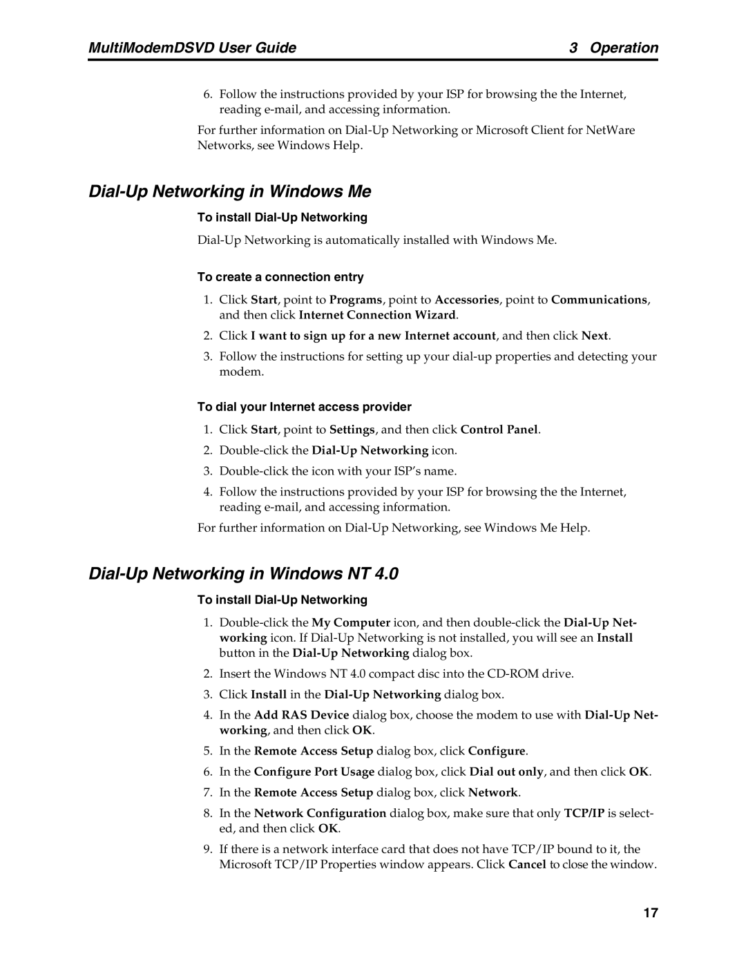 Multi-Tech Systems MT5600DSVD manual Dial-Up Networking in Windows Me, Dial-Up Networking in Windows NT 