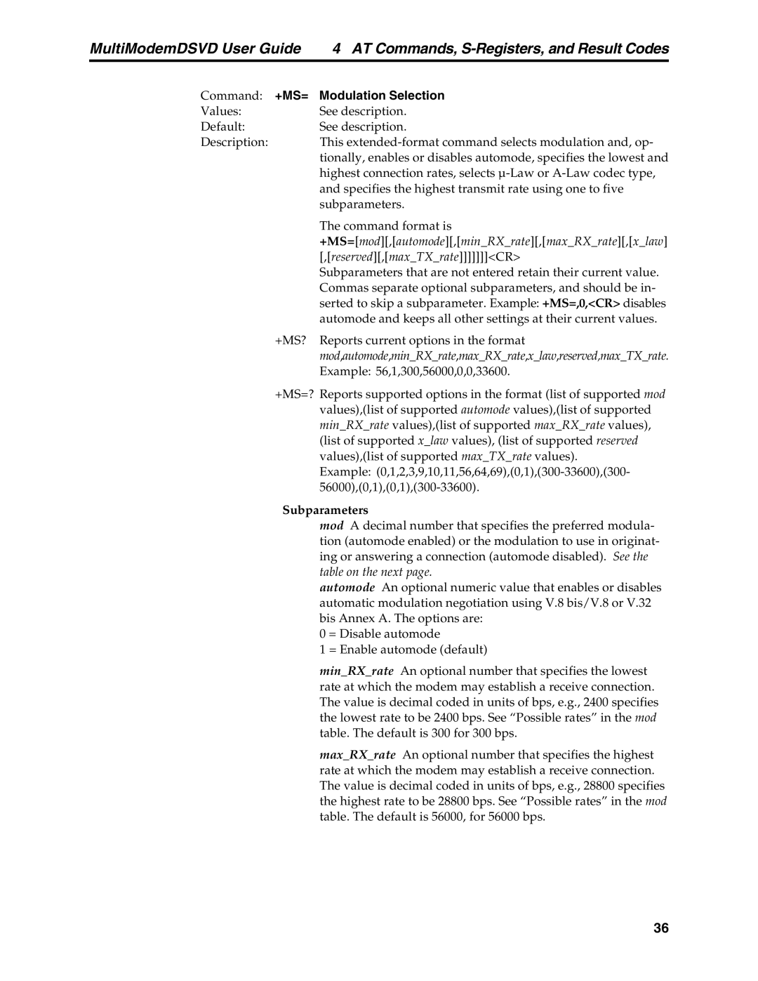 Multi-Tech Systems MT5600DSVD manual Modulation Selection, Subparameters 