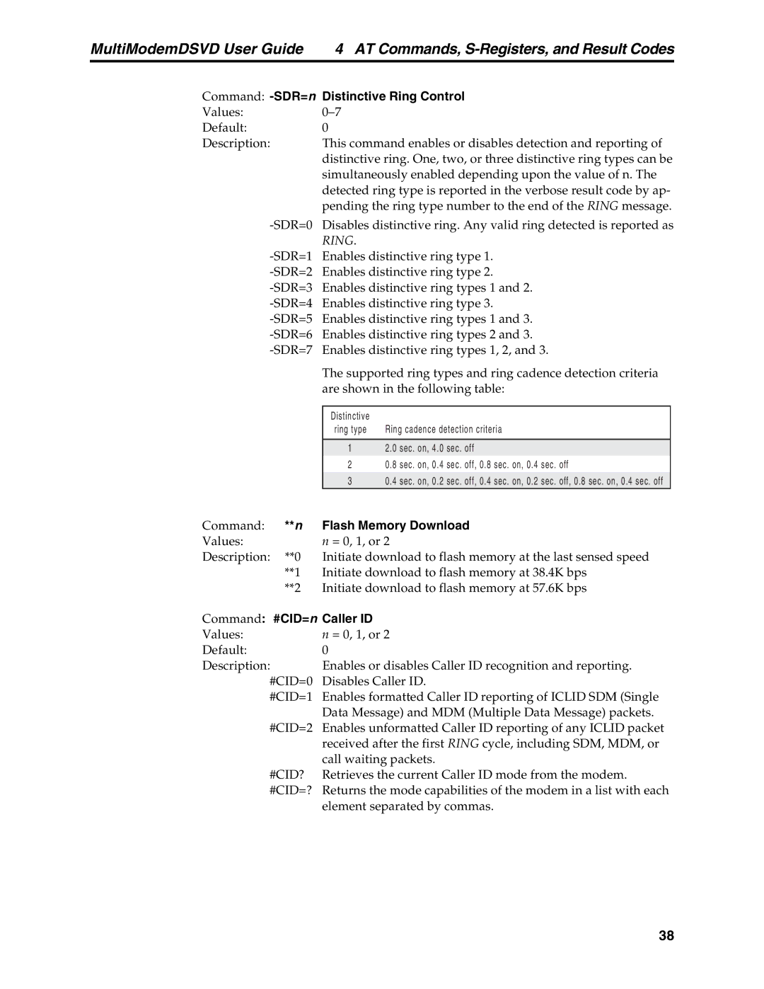 Multi-Tech Systems MT5600DSVD manual Distinctive Ring Control, Flash Memory Download, Command #CID=n Caller ID 