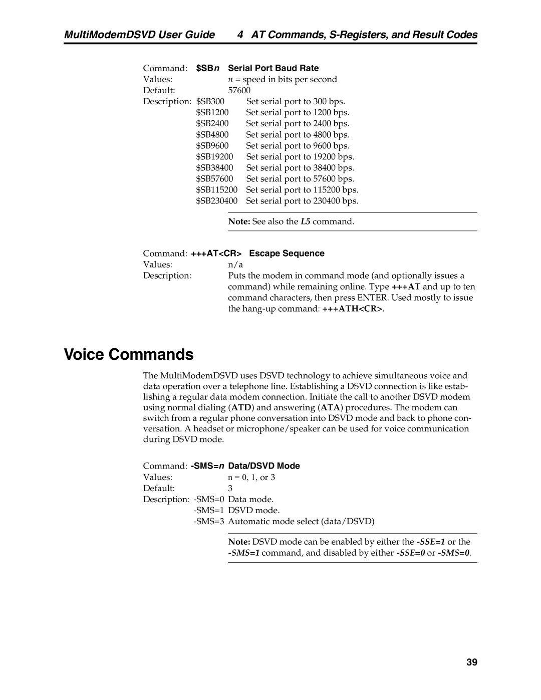 Multi-Tech Systems MT5600DSVD manual Voice Commands, Command $SBn Serial Port Baud Rate, Command +++ATCR Escape Sequence 