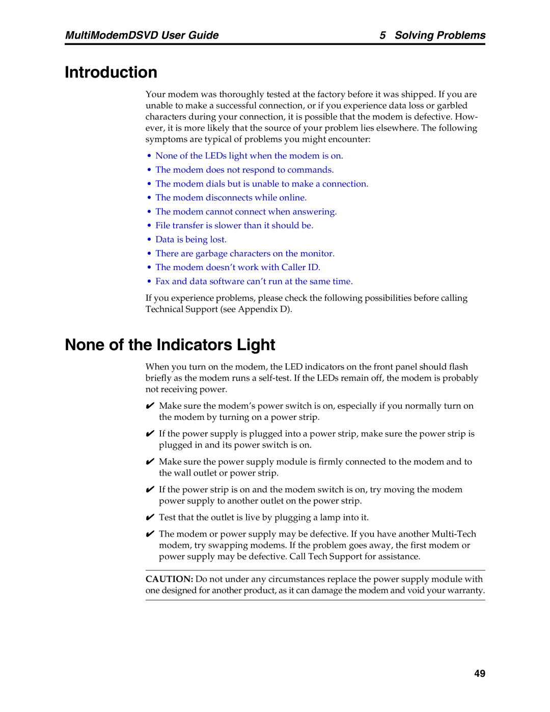 Multi-Tech Systems MT5600DSVD manual Introduction, None of the Indicators Light 