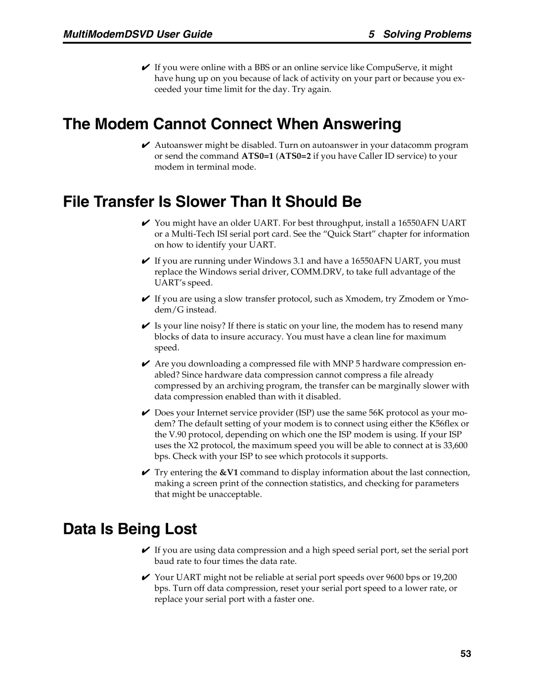 Multi-Tech Systems MT5600DSVD manual Modem4Cannot Connect When Answering, File Transfer4Is Slower Than It Should Be 