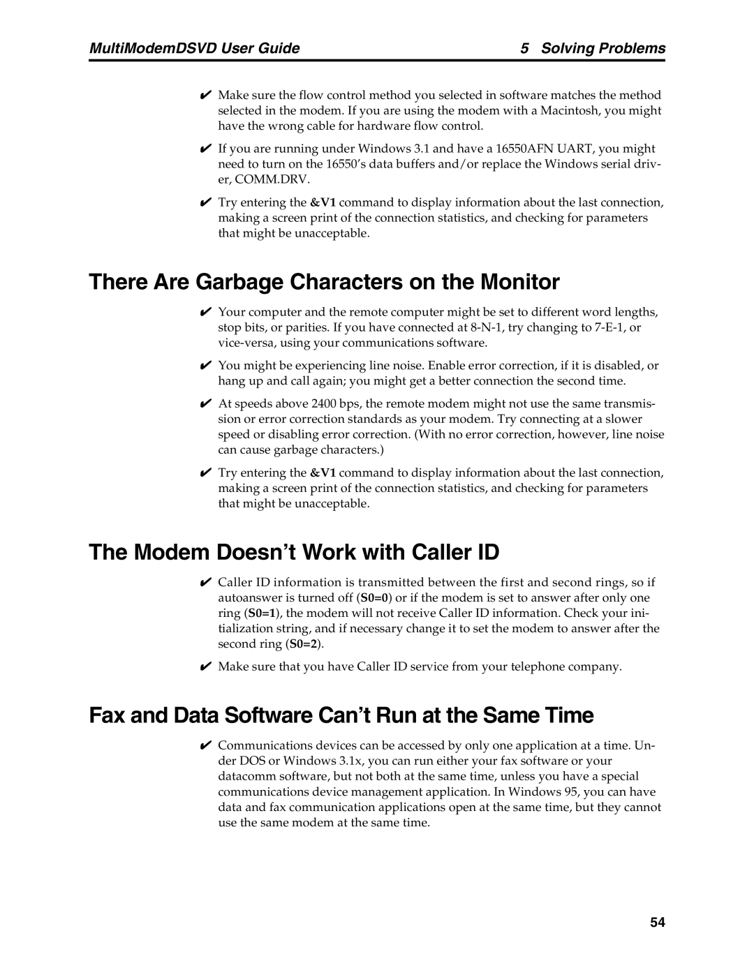 Multi-Tech Systems MT5600DSVD manual There Are Garbage4 Characters on the Monitor, Modem4Doesn’t Work with Caller ID 