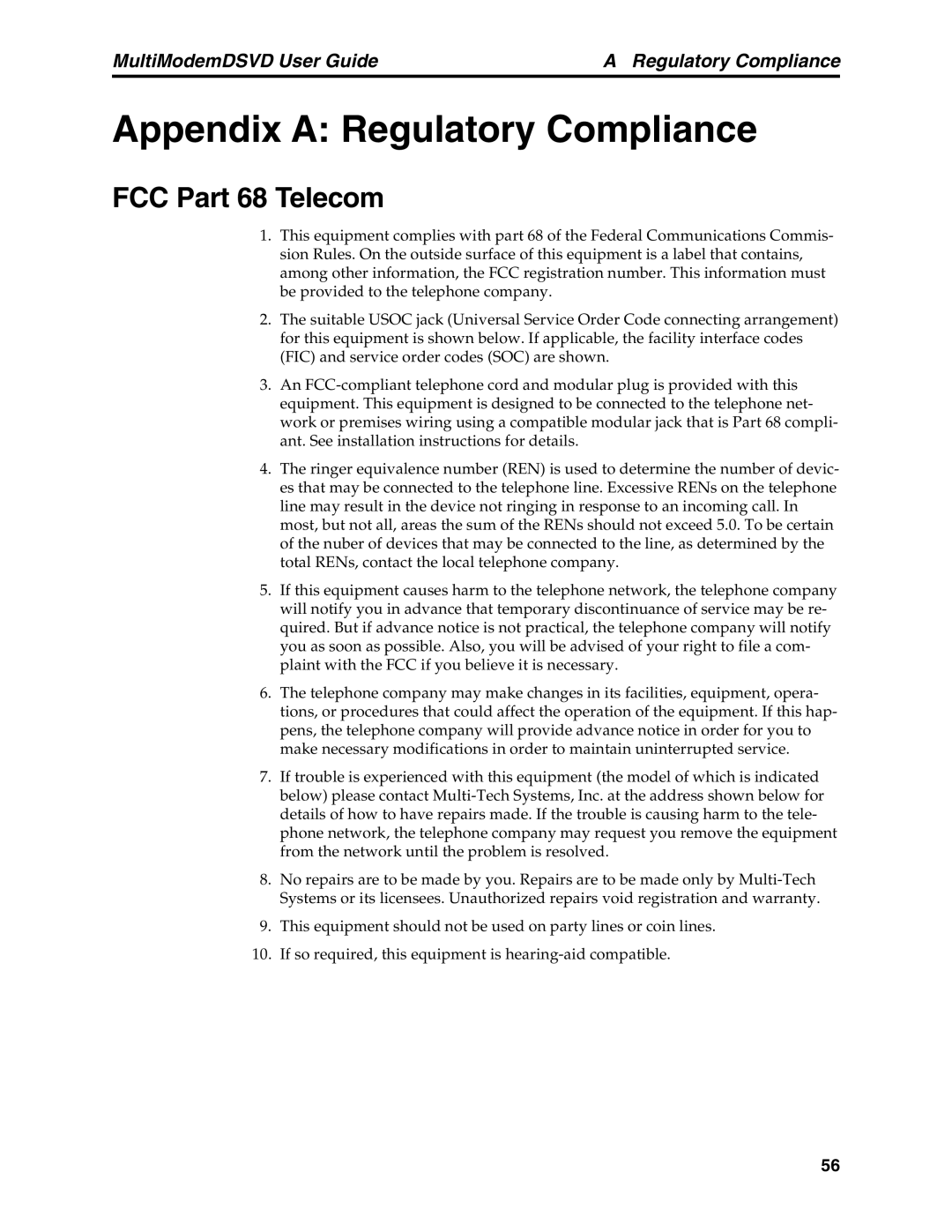 Multi-Tech Systems MT5600DSVD manual Appendix a Regulatory Compliance, FCC Part 68 Telecom 