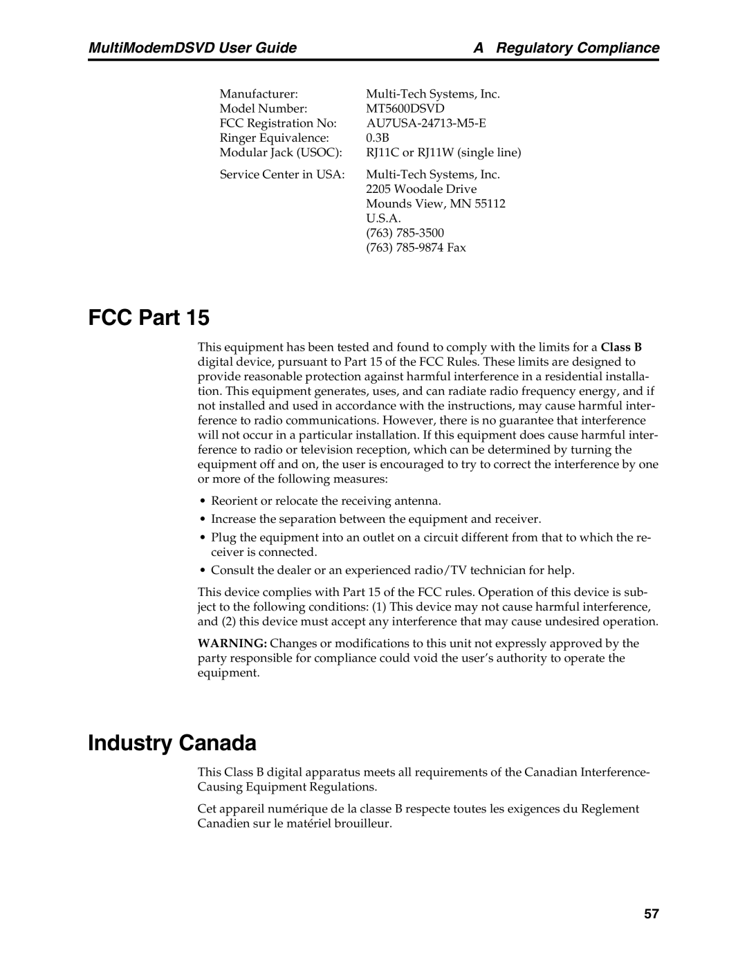 Multi-Tech Systems MT5600DSVD manual FCC Part, Industry Canada 