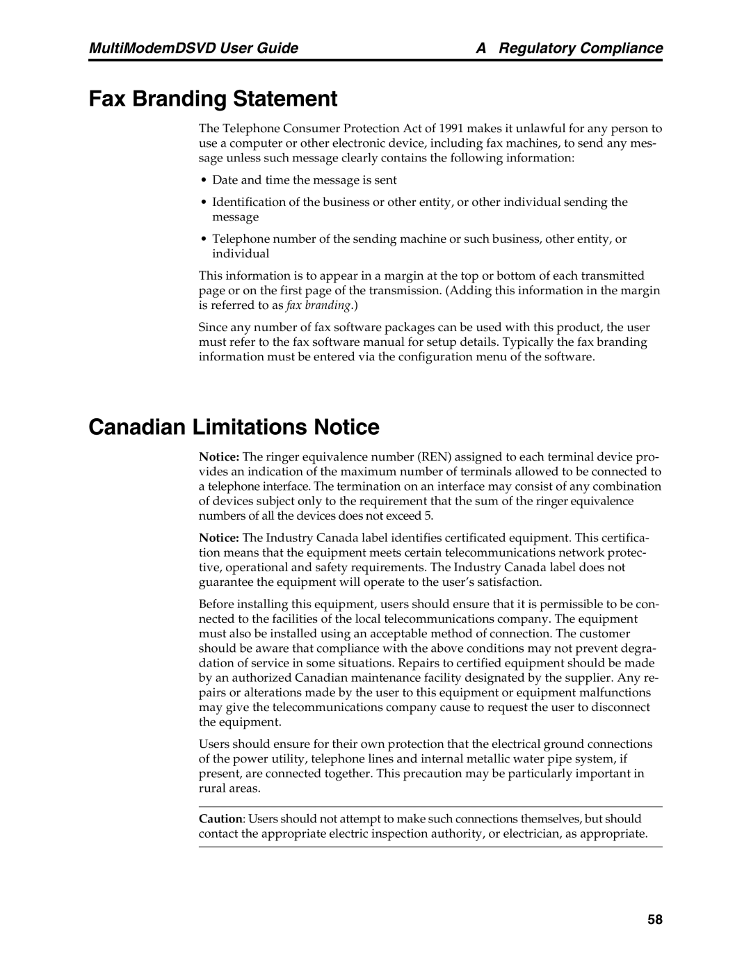 Multi-Tech Systems MT5600DSVD manual Fax Branding Statement, Canadian Limitations Notice 