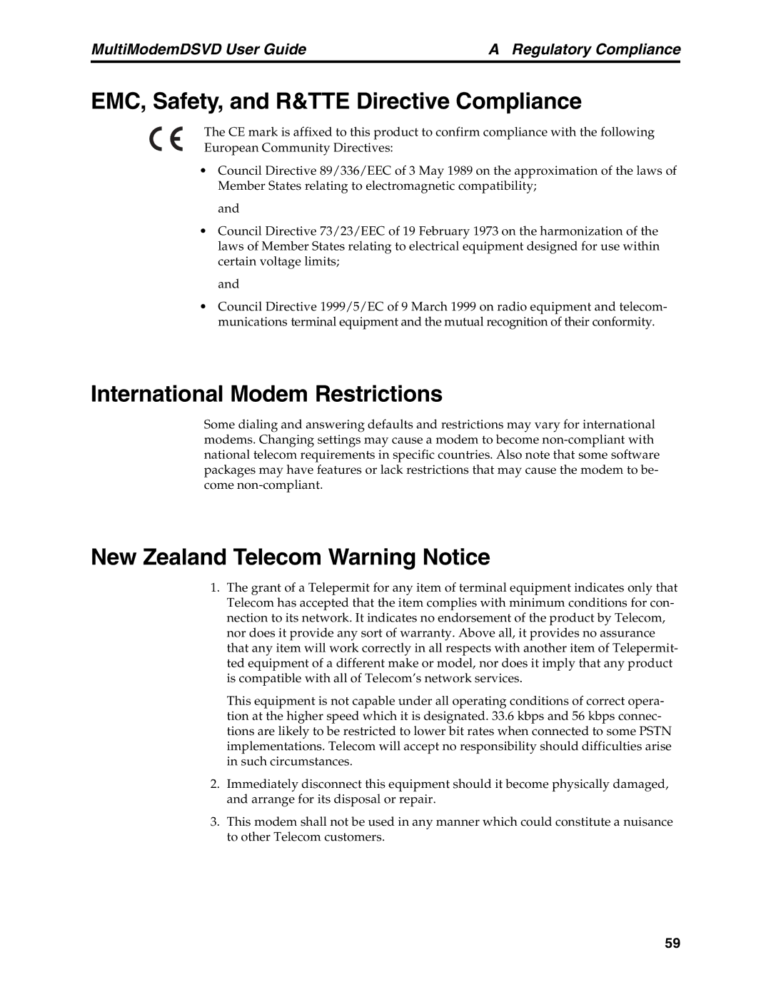 Multi-Tech Systems MT5600DSVD manual EMC, Safety, and R&TTE Directive Compliance, International Modem Restrictions 