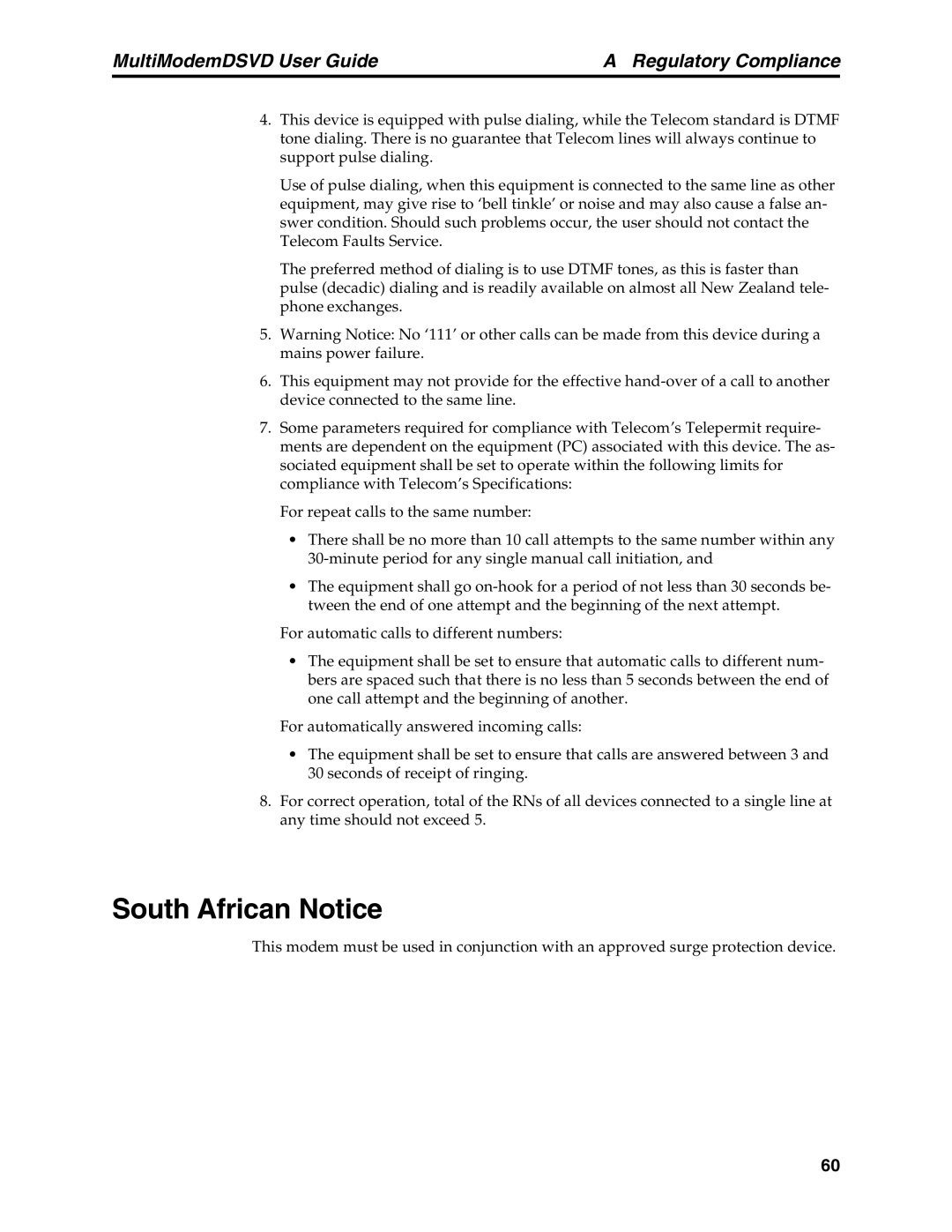 Multi-Tech Systems MT5600DSVD manual South African Notice 