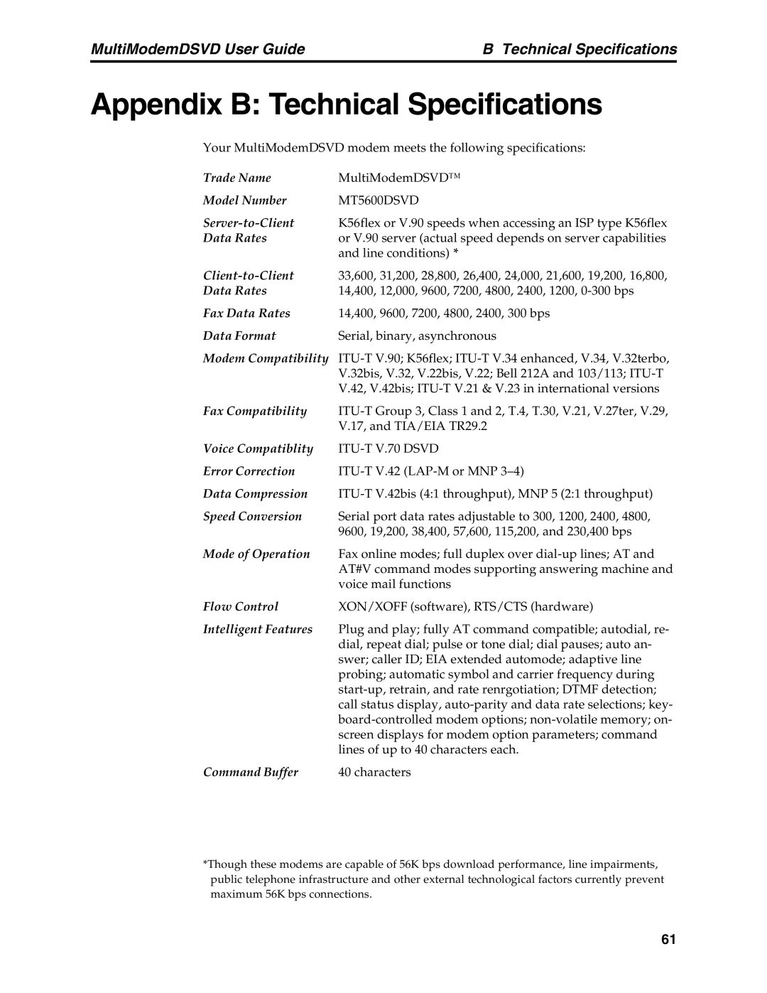 Multi-Tech Systems MT5600DSVD manual Appendix B Technical Specifications 