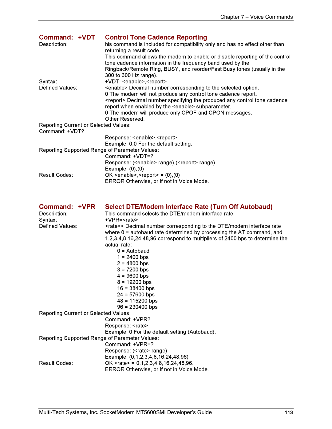 Multi-Tech Systems MT5600SMI-P34, MT5600SMI-XL34, MT5600SMI-P92 manual Command +VDT Control Tone Cadence Reporting, 113 