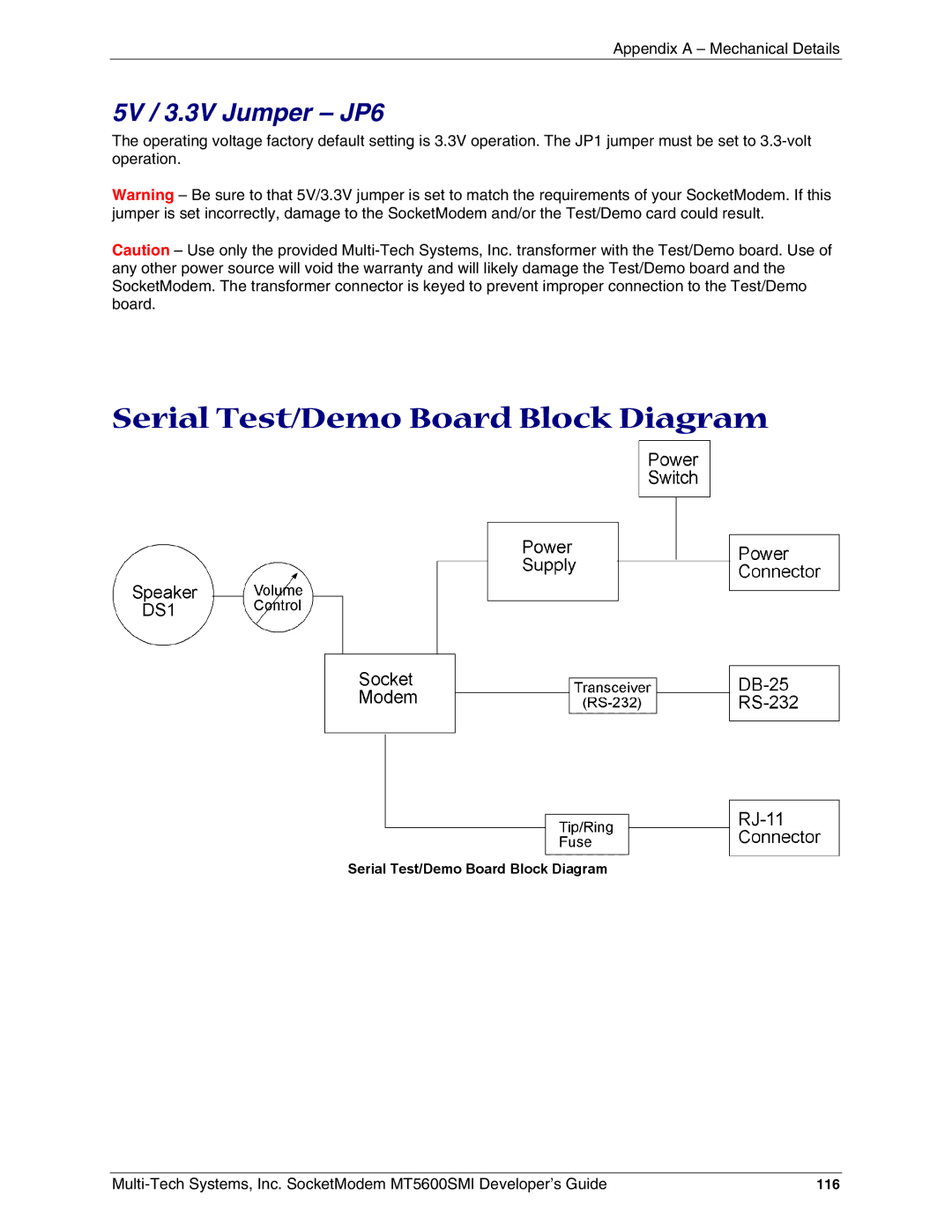 Multi-Tech Systems MT5600SMI-P32, MT5600SMI-XL34 manual Serial Test/Demo Board Block Diagram, 5V / 3.3V Jumper JP6, 116 