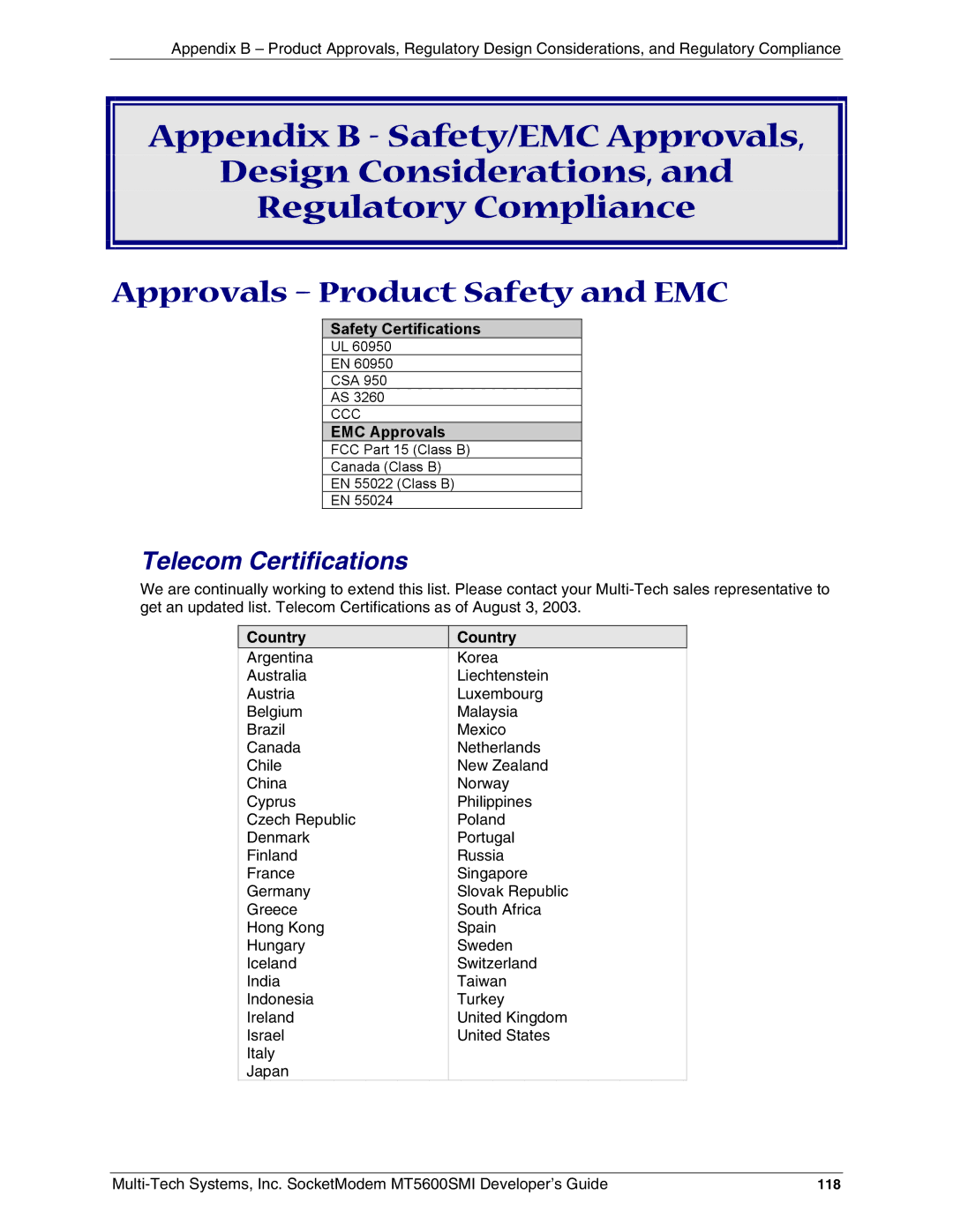 Multi-Tech Systems MT5600SMI-P92 Approvals Product Safety and EMC, Telecom Certifications, Safety Certifications, Country 