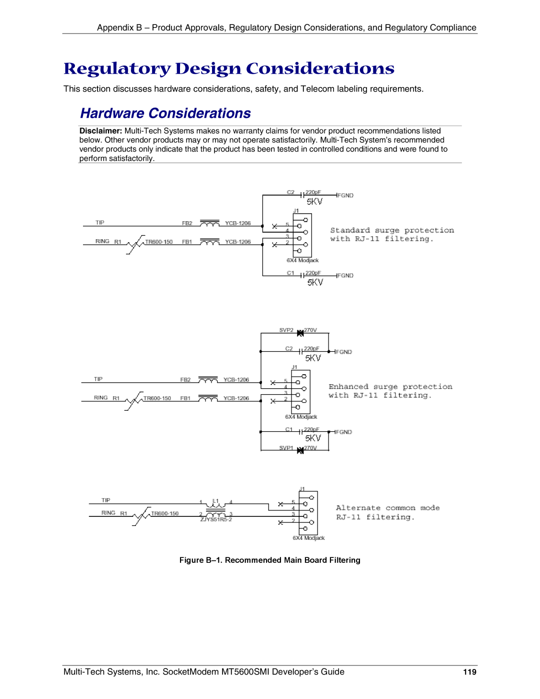 Multi-Tech Systems MT5600SMI-PL92, MT5600SMI-XL34 manual Regulatory Design Considerations, Hardware Considerations, 119 