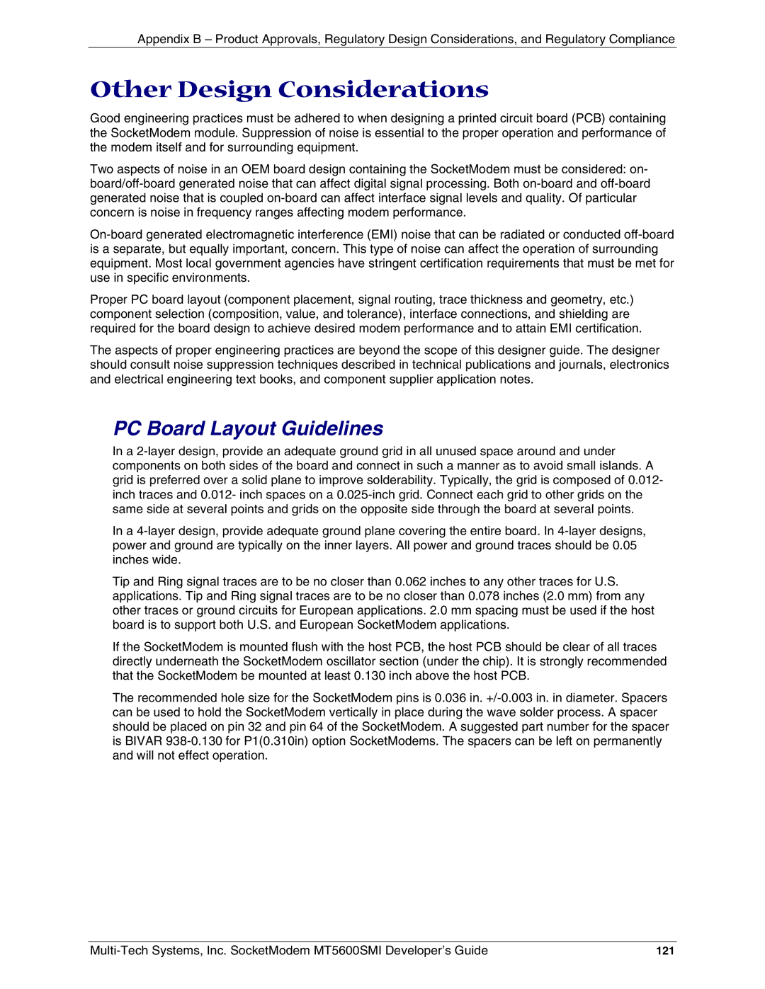 Multi-Tech Systems MT5600SMI-34, MT5600SMI-XL34, MT5600SMI-P92 Other Design Considerations, PC Board Layout Guidelines, 121 