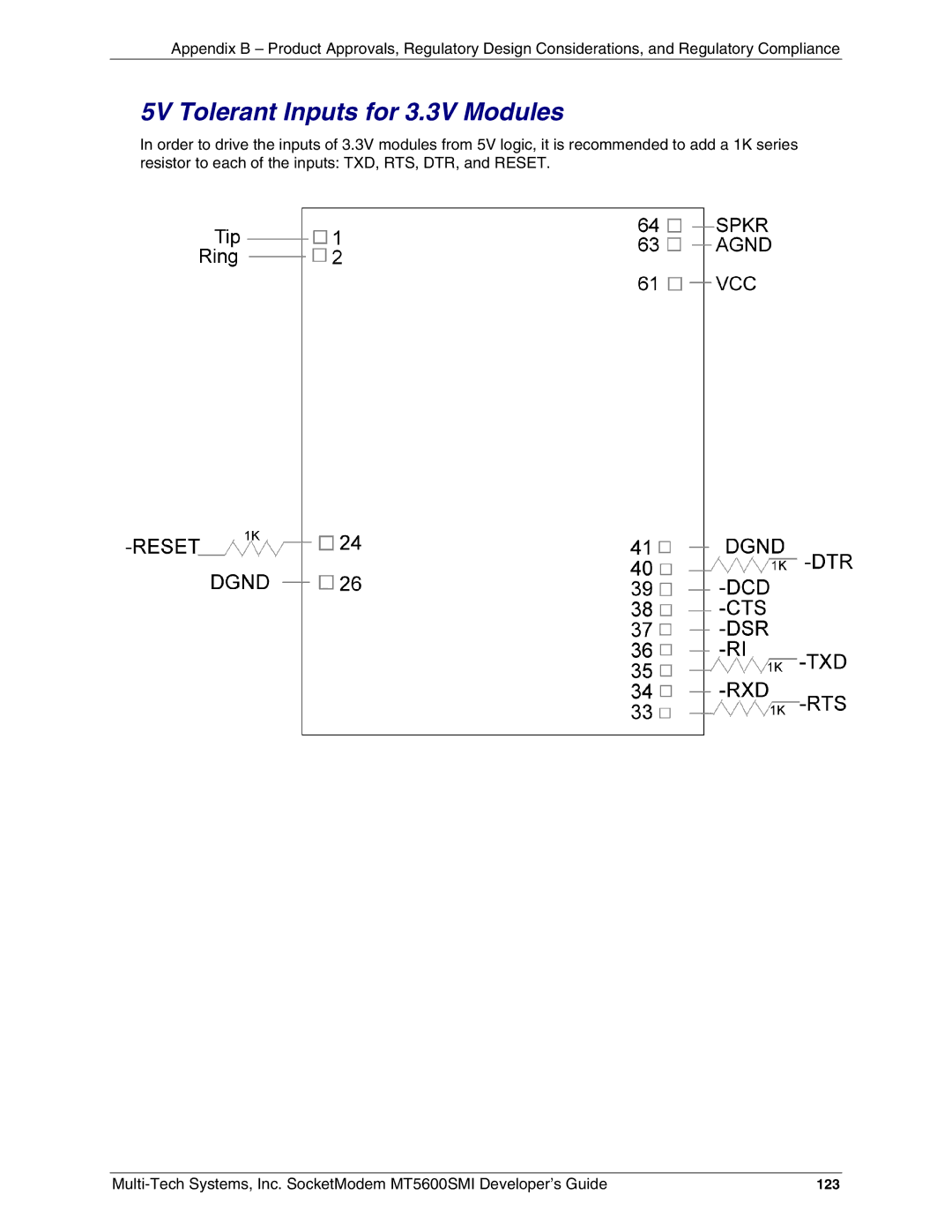 Multi-Tech Systems MT5600SMI-L92, MT5600SMI-XL34, MT5600SMI-P92, MT5600SMI-PL92 5V Tolerant Inputs for 3.3V Modules, 123 