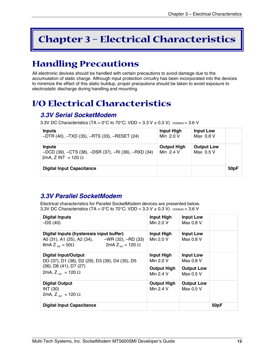 Multi-Tech Systems MT5600SMI-XL34, MT5600SMI-P92, MT5600SMI-PL92 manual Handling Precautions, Electrical Characteristics 