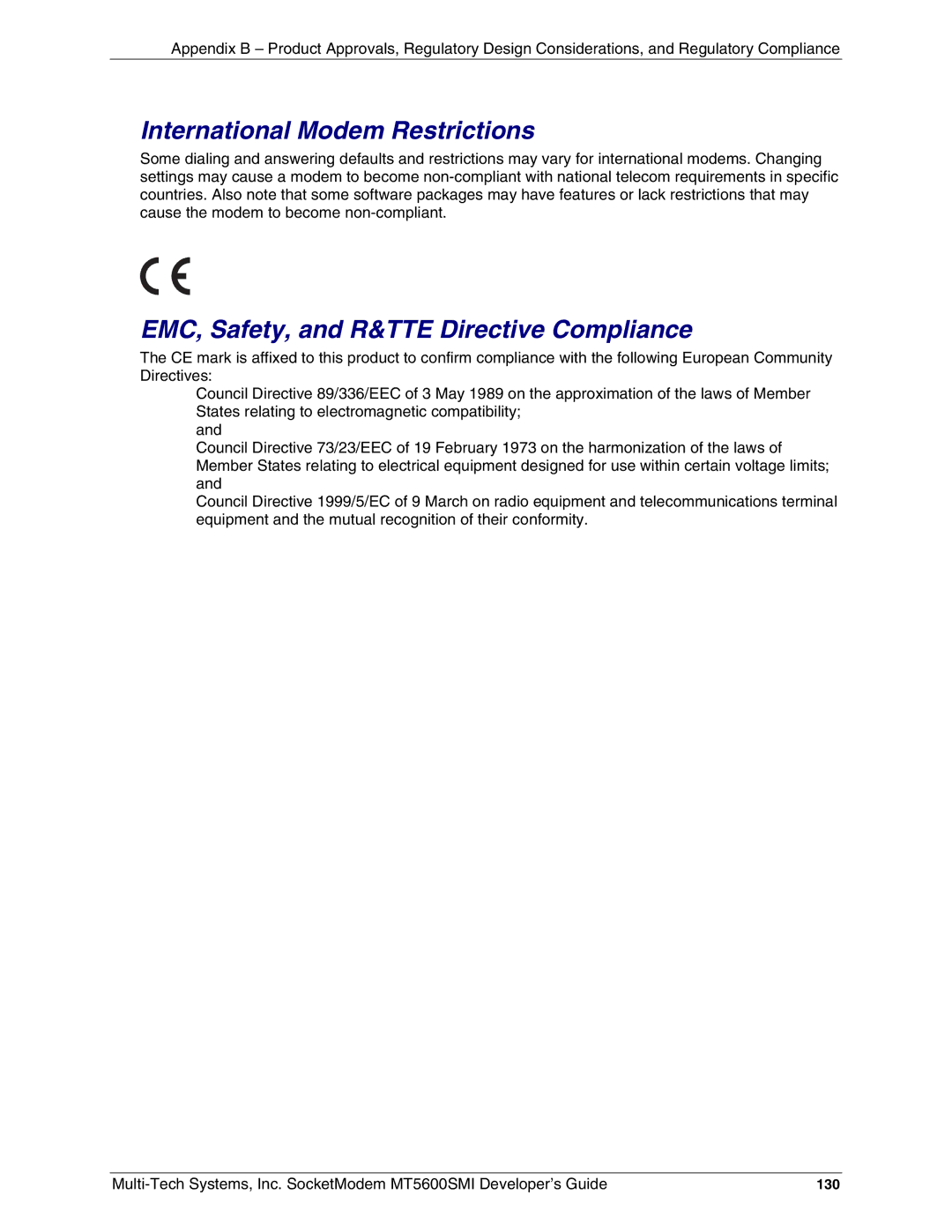 Multi-Tech Systems MT5600SMI-XL34 manual International Modem Restrictions, EMC, Safety, and R&TTE Directive Compliance, 130 