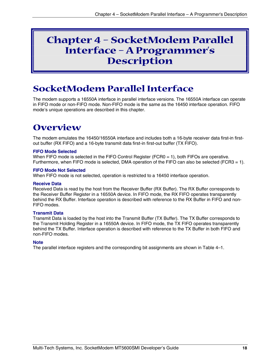 Multi-Tech Systems MT5600SMI-32, MT5600SMI-XL34, MT5600SMI-P92, MT5600SMI-PL92 manual SocketModem Parallel Interface, Overview 