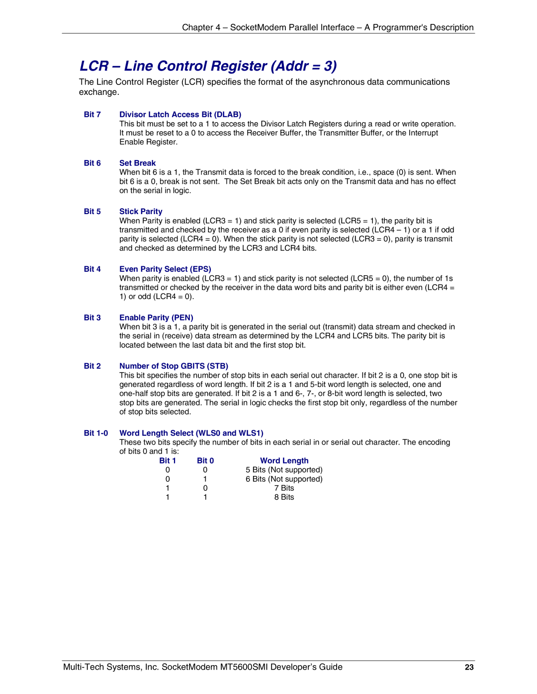 Multi-Tech Systems MT5600SMI-L34, MT5600SMI-XL34 LCR Line Control Register Addr =, Bit 7 Divisor Latch Access Bit Dlab 