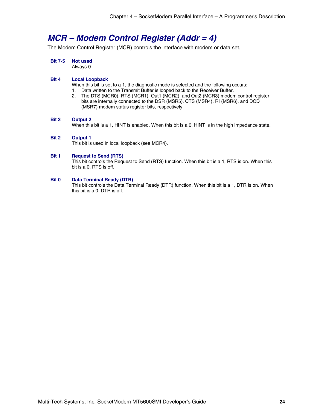 Multi-Tech Systems MT5600SMI-L32, MT5600SMI-XL34 manual MCR Modem Control Register Addr =, Bit Data Terminal Ready DTR 