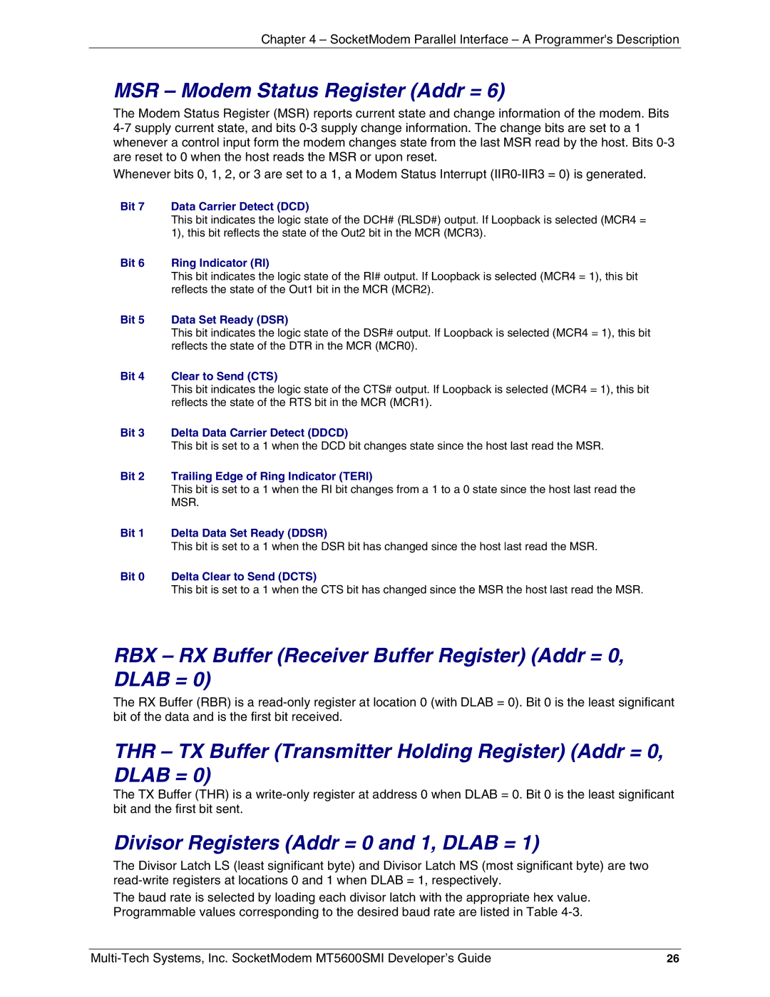 Multi-Tech Systems MT5600SMI-XL34, MT5600SMI-92 MSR Modem Status Register Addr =, Divisor Registers Addr = 0 and 1, Dlab = 