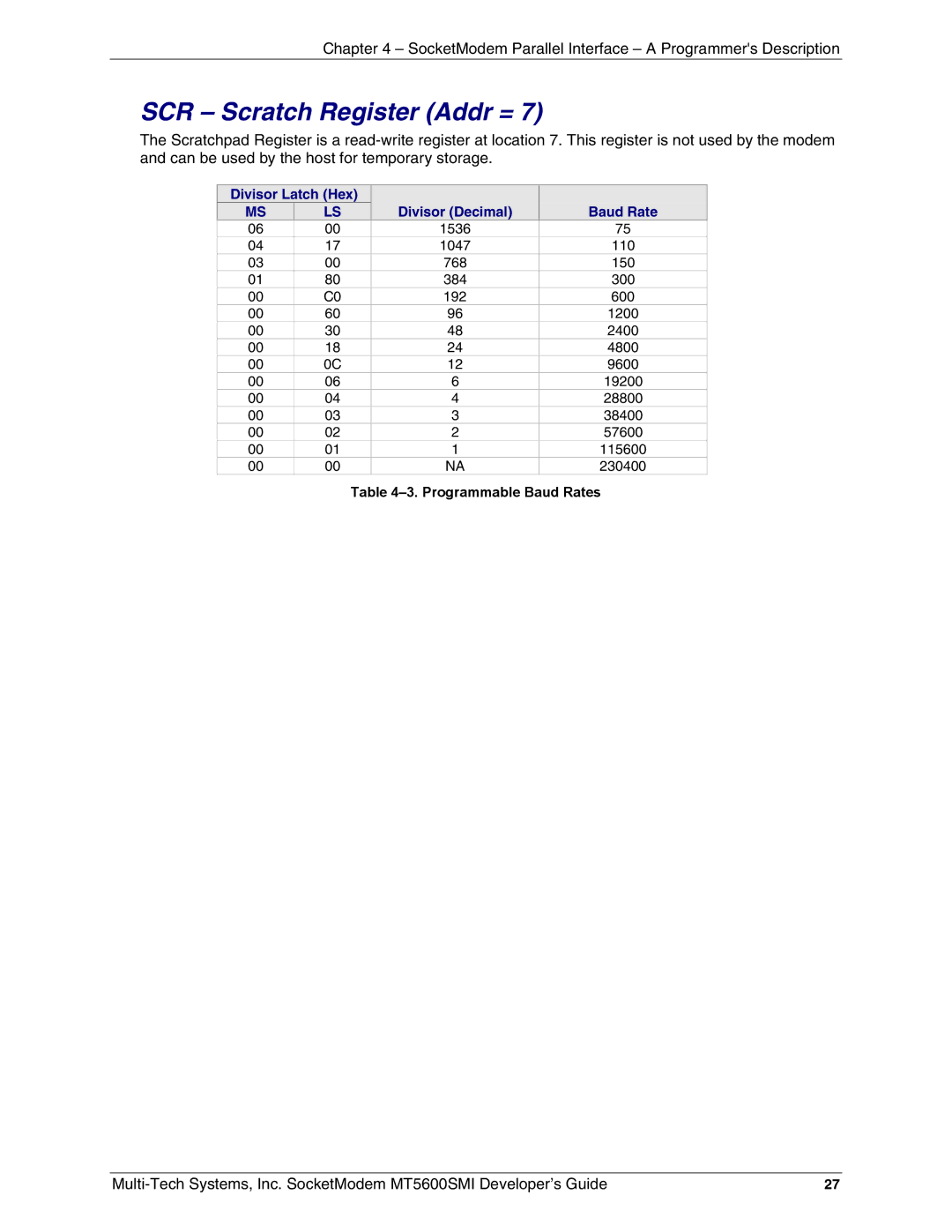 Multi-Tech Systems MT5600SMI-P92, MT5600SMI-XL34, MT5600SMI-PL92 manual SCR Scratch Register Addr =, Programmable Baud Rates 
