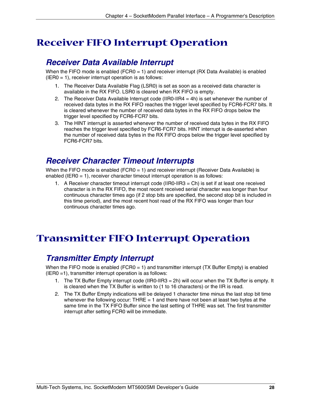 Multi-Tech Systems MT5600SMI-PL92, MT5600SMI-XL34 Receiver Fifo Interrupt Operation, Transmitter Fifo Interrupt Operation 