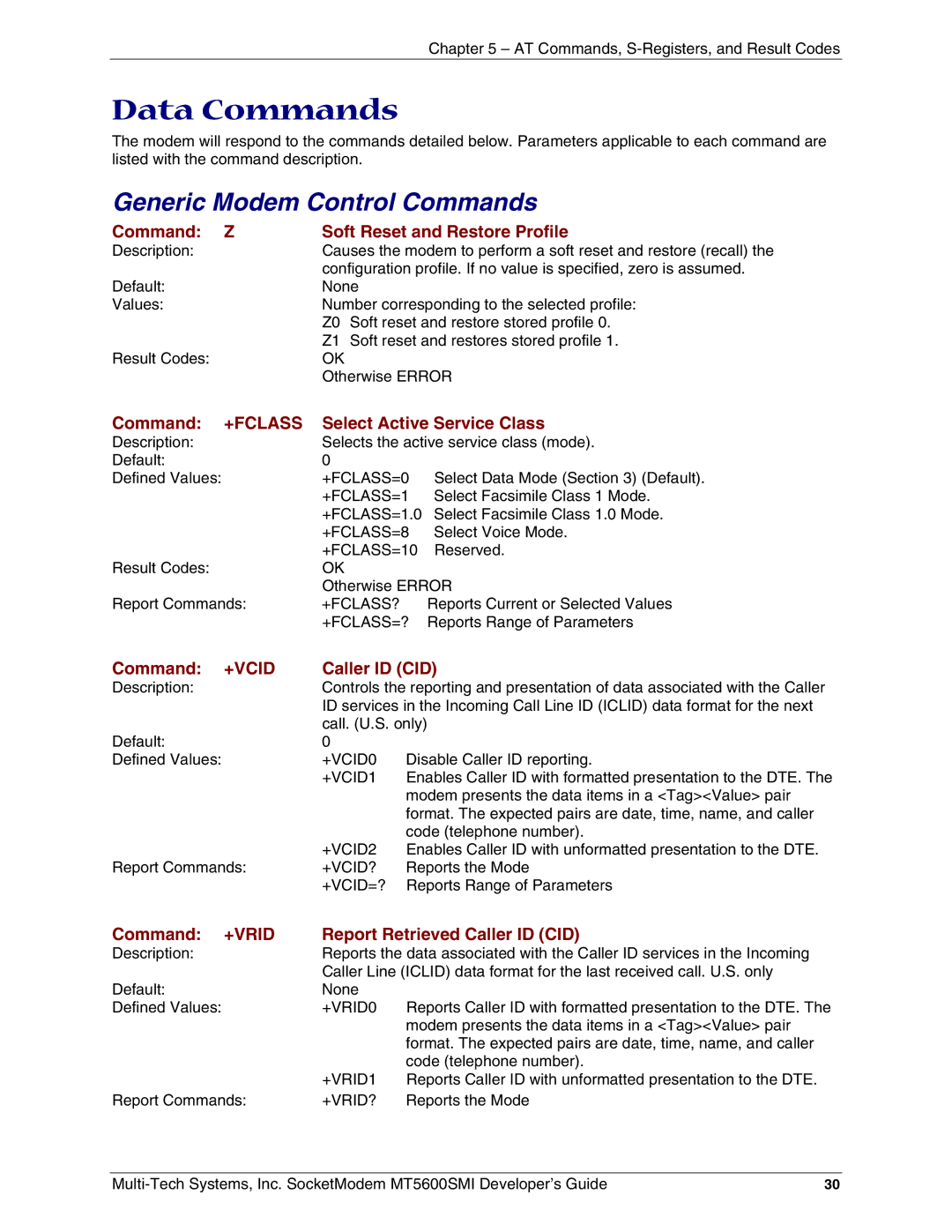 Multi-Tech Systems MT5600SMI-34, MT5600SMI-XL34, MT5600SMI-P92, MT5600SMI-PL92 Data Commands, Generic Modem Control Commands 