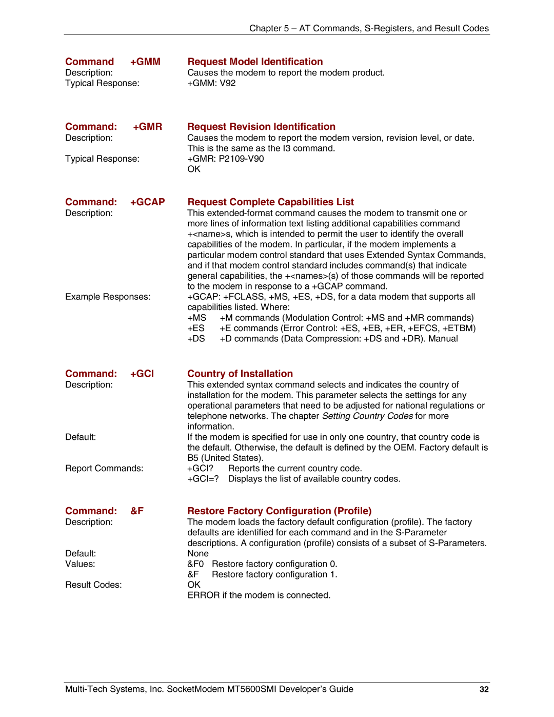 Multi-Tech Systems MT5600SMI-L92 Request Model Identification, Request Revision Identification, Country of Installation 