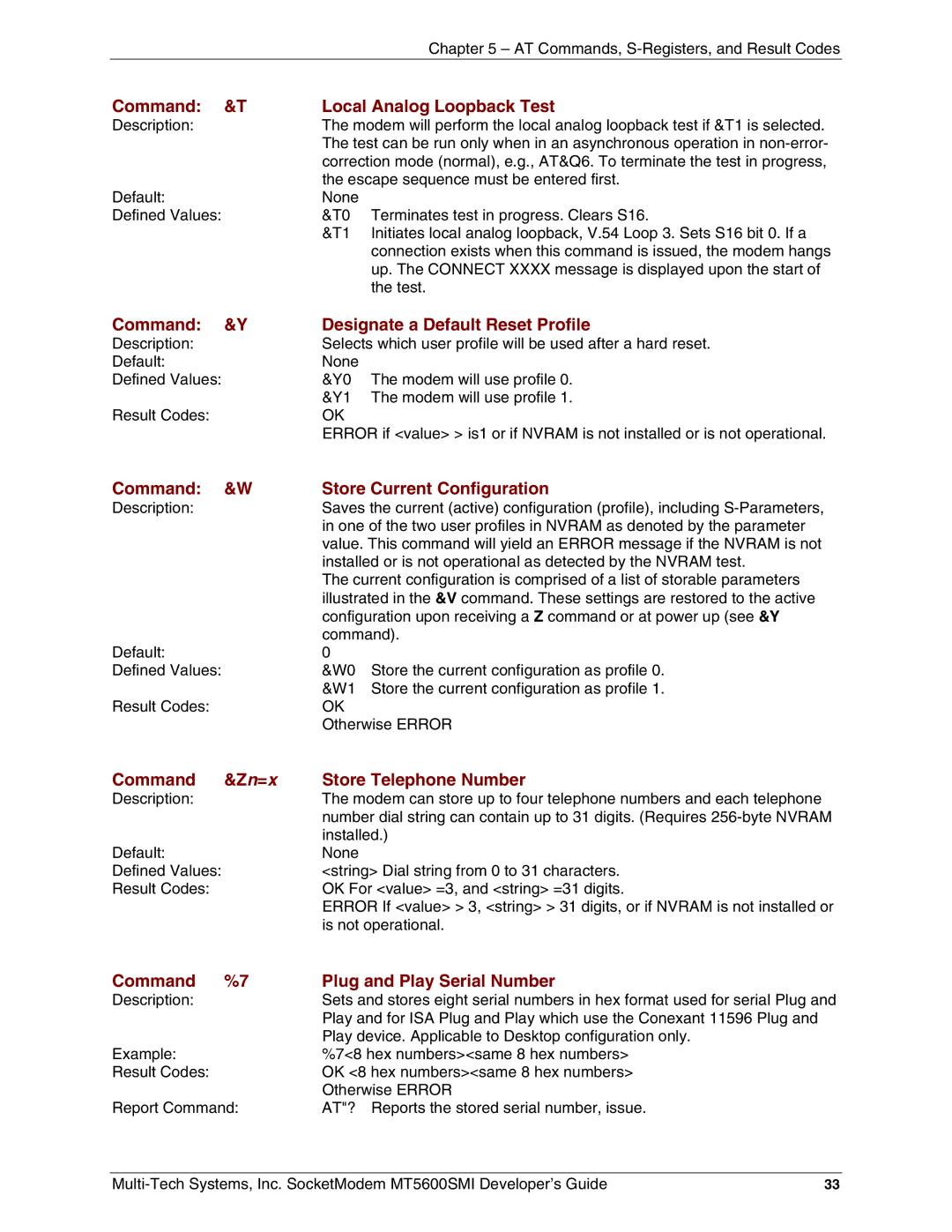 Multi-Tech Systems MT5600SMI-PL34 manual Command Local Analog Loopback Test, Command Designate a Default Reset Profile 