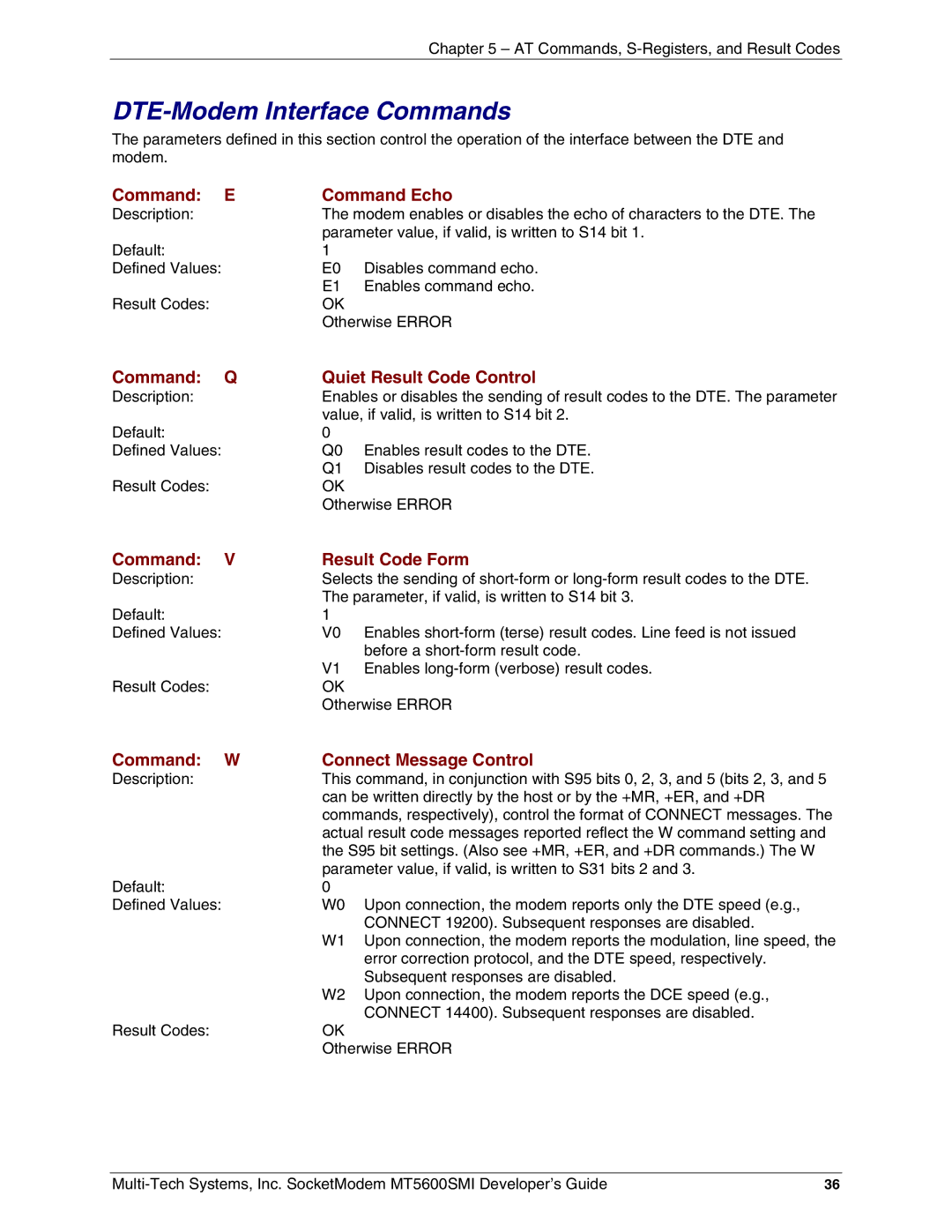 Multi-Tech Systems MT5600SMI-L34 DTE-Modem Interface Commands, Command E Command Echo, Command Q Quiet Result Code Control 