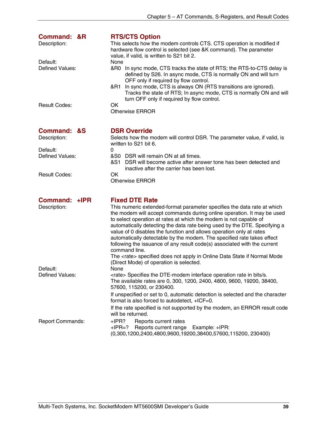 Multi-Tech Systems MT5600SMI-XL34 Command &R RTS/CTS Option, Command &S DSR Override, Command +IPR Fixed DTE Rate, +Ipr? 