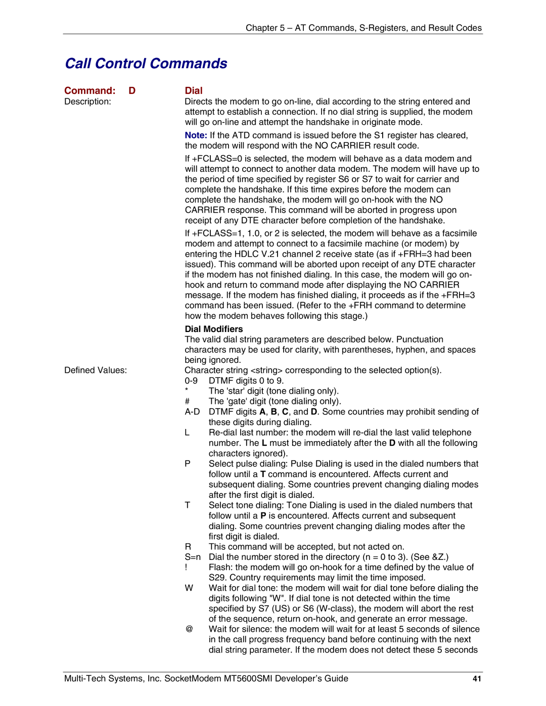 Multi-Tech Systems MT5600SMI-PL92, MT5600SMI-XL34, MT5600SMI-P92 manual Call Control Commands, Command D Dial, Dial Modifiers 