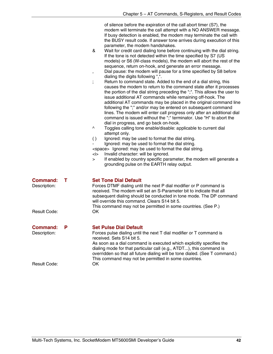 Multi-Tech Systems MT5600SMI-92, MT5600SMI-XL34 manual Command T Set Tone Dial Default, Command P Set Pulse Dial Default 
