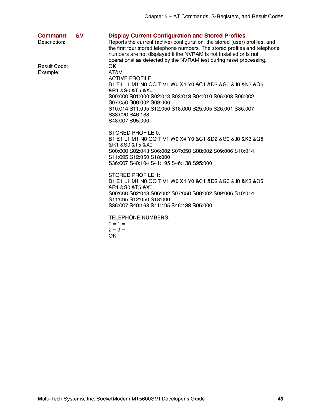 Multi-Tech Systems MT5600SMI-L92, MT5600SMI-XL34, MT5600SMI-P92 At&V, Active Profile, Stored Profile, Telephone Numbers 