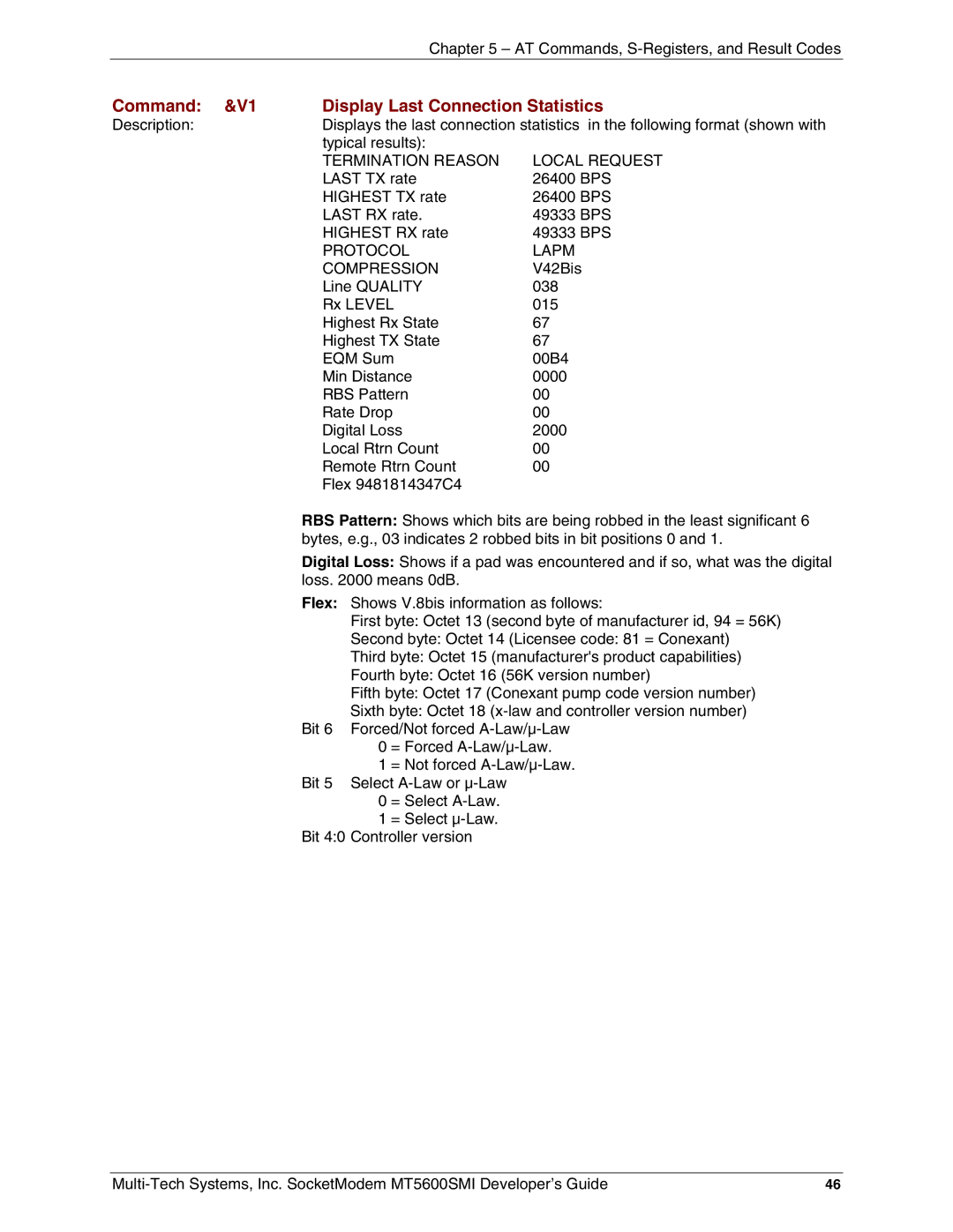 Multi-Tech Systems MT5600SMI-PL34 manual Command &V1 Display Last Connection Statistics, Termination Reason Local Request 