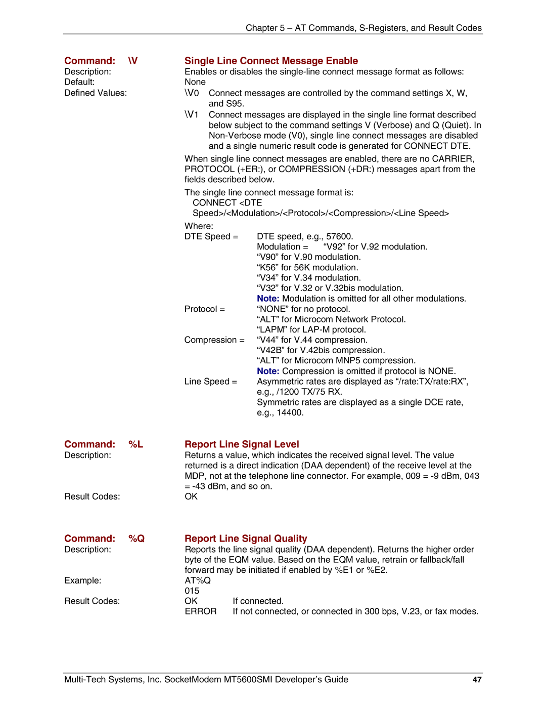 Multi-Tech Systems MT5600SMI-XL92 manual Command Single Line Connect Message Enable, Command Report Line Signal Level 