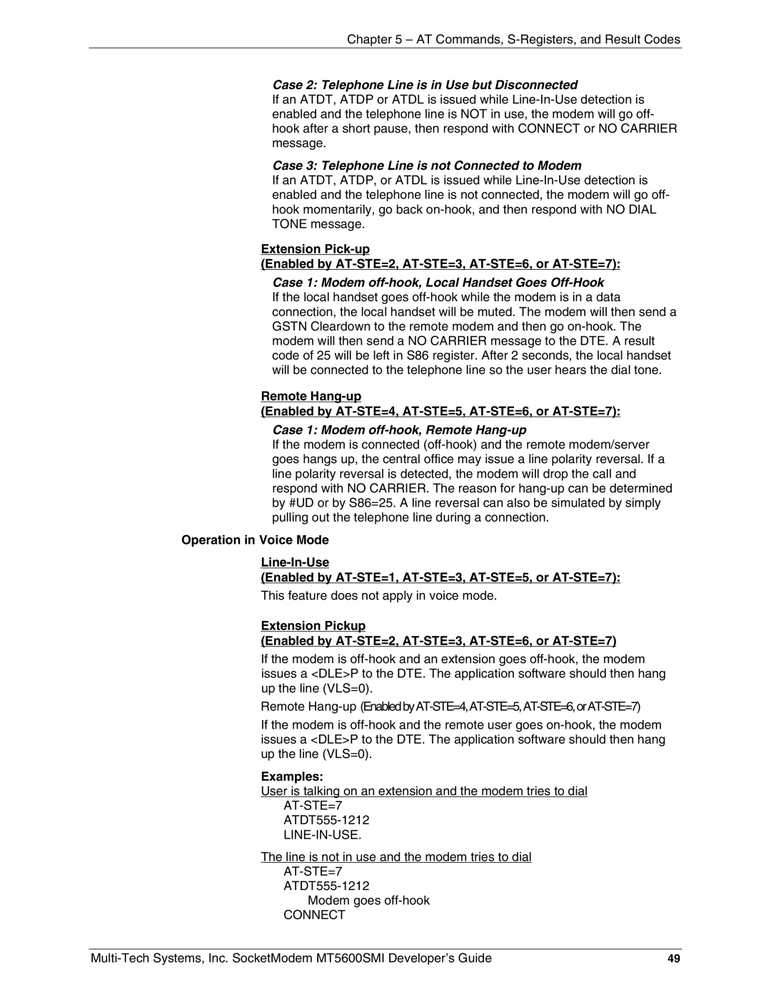 Multi-Tech Systems MT5600SMI-L34, MT5600SMI-XL34, MT5600SMI-P92, MT5600SMI-PL92 Examples, AT-STE=7, Line-In-Use, Connect 