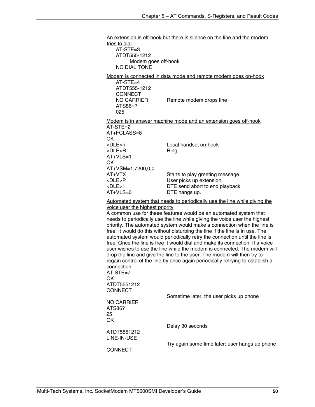 Multi-Tech Systems MT5600SMI-L32 manual AT-STE=3, No Dial Tone, AT+FCLASS=8, AT+VTX Dlep, AT+VLS=0, No Carrier ATS86? 