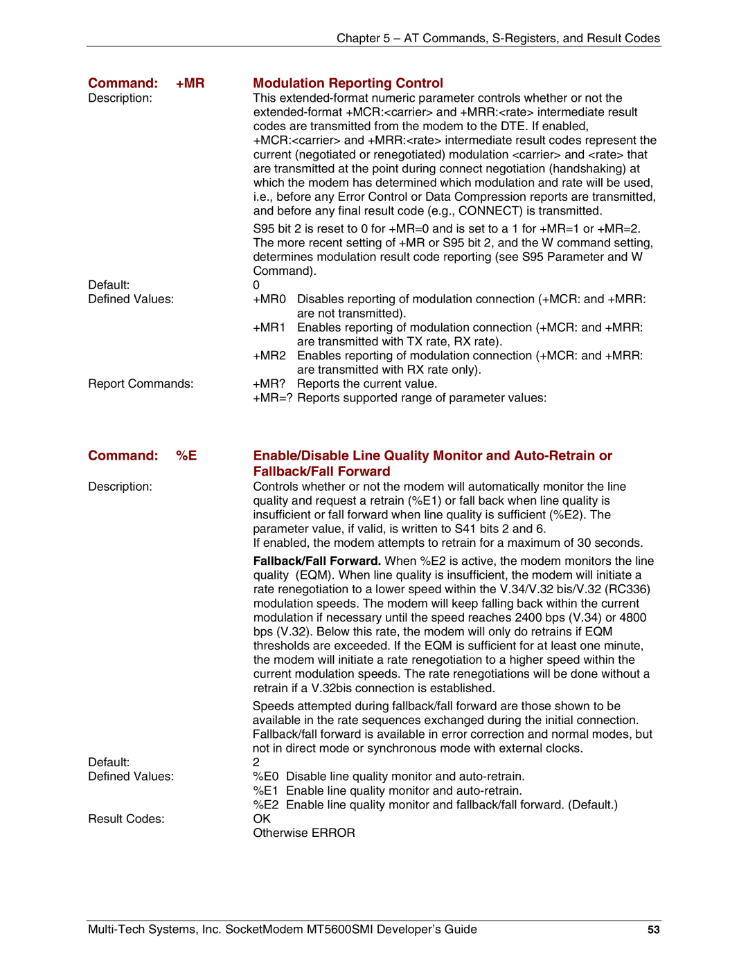 Multi-Tech Systems MT5600SMI-P92, MT5600SMI-XL34, MT5600SMI-PL92, MT5600SMI-92 manual +Mr, Modulation Reporting Control 