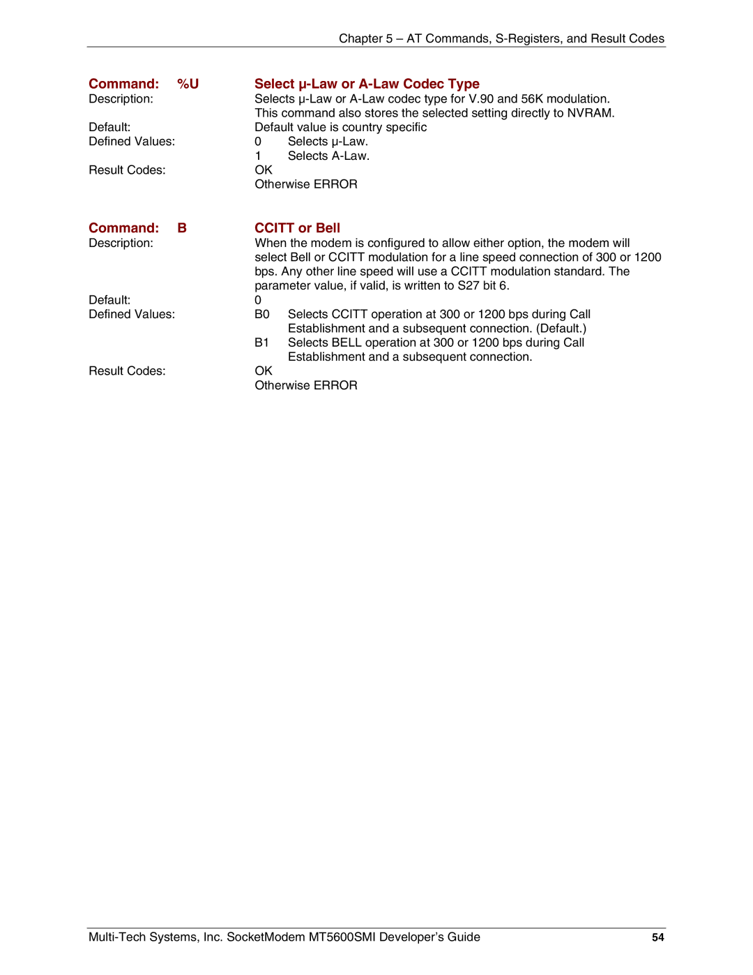 Multi-Tech Systems MT5600SMI-PL92, MT5600SMI-XL34 manual Command Select µ-Law or A-Law Codec Type, Command Ccitt or Bell 