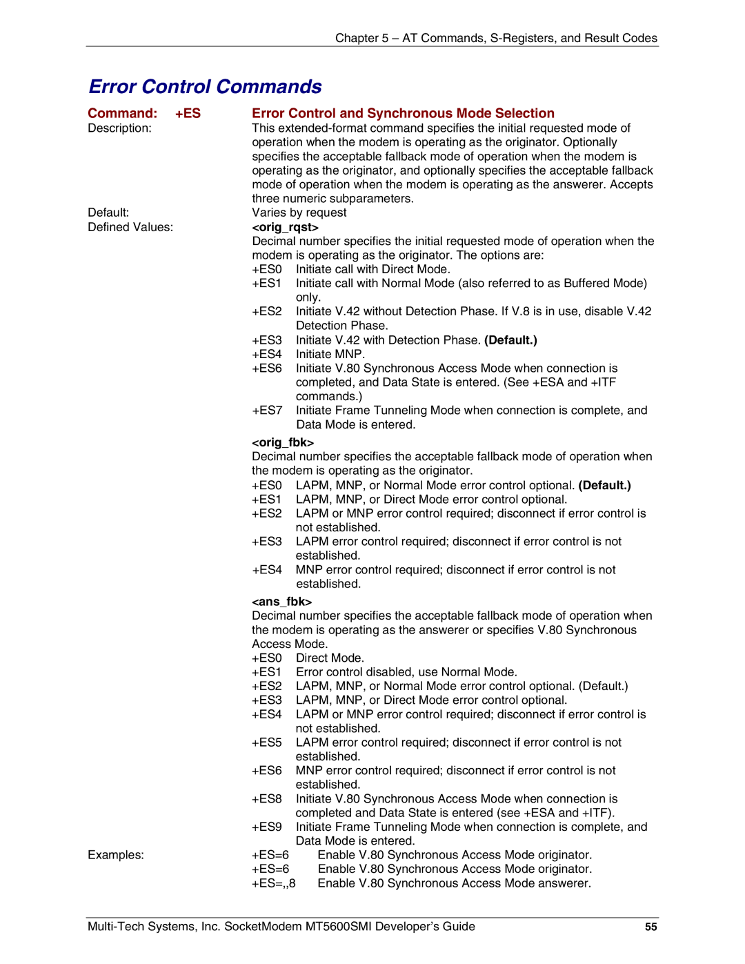 Multi-Tech Systems MT5600SMI-92 Error Control Commands, Command +ES Error Control and Synchronous Mode Selection, Origrqst 