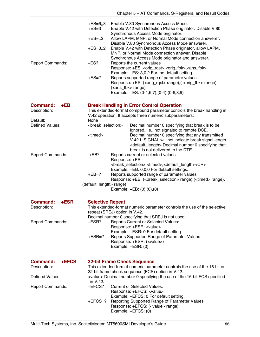 Multi-Tech Systems MT5600SMI-34 manual Command +EB Break Handling in Error Control Operation, Command +ESR Selective Repeat 