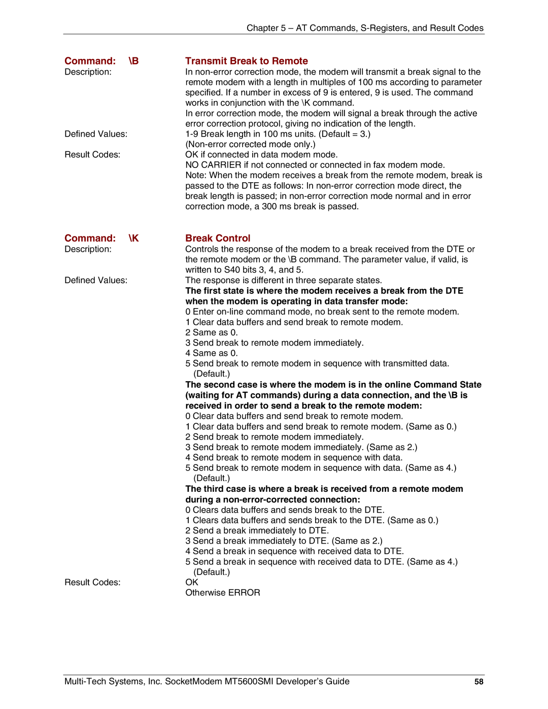 Multi-Tech Systems MT5600SMI-L92, MT5600SMI-XL34, MT5600SMI-P92 Command Transmit Break to Remote, Command Break Control 