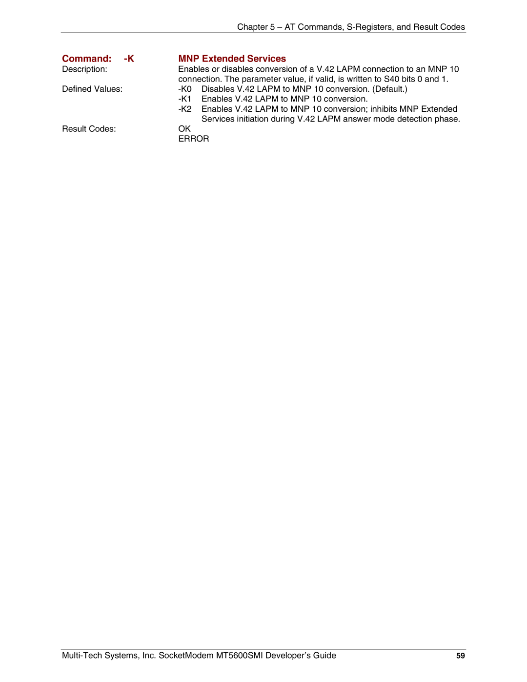 Multi-Tech Systems MT5600SMI-PL34, MT5600SMI-XL34, MT5600SMI-P92, MT5600SMI-PL92 Command -K MNP Extended Services, Error 